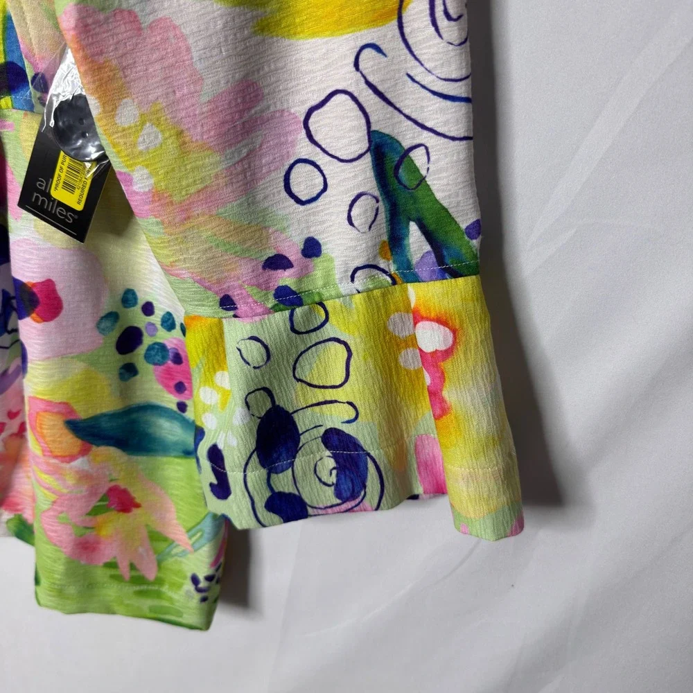 NEW Ali Miles Watercolor Floral Bell Sleeve Jacket Sz L Colorful Lagenlook Artsy